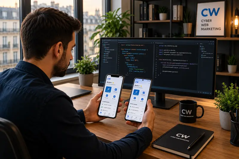 Comparaison d'une même application mobile sur iPhone et sur Android, code source affiché à l'écran