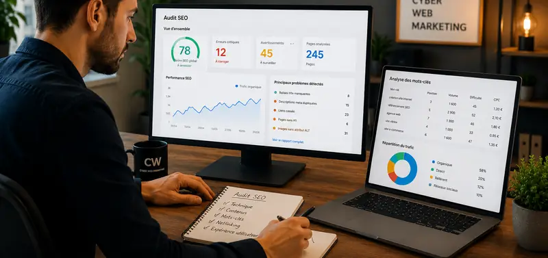 Audit SEO en cours : score global, erreurs critiques et analyse des mots-clés sur deux écrans