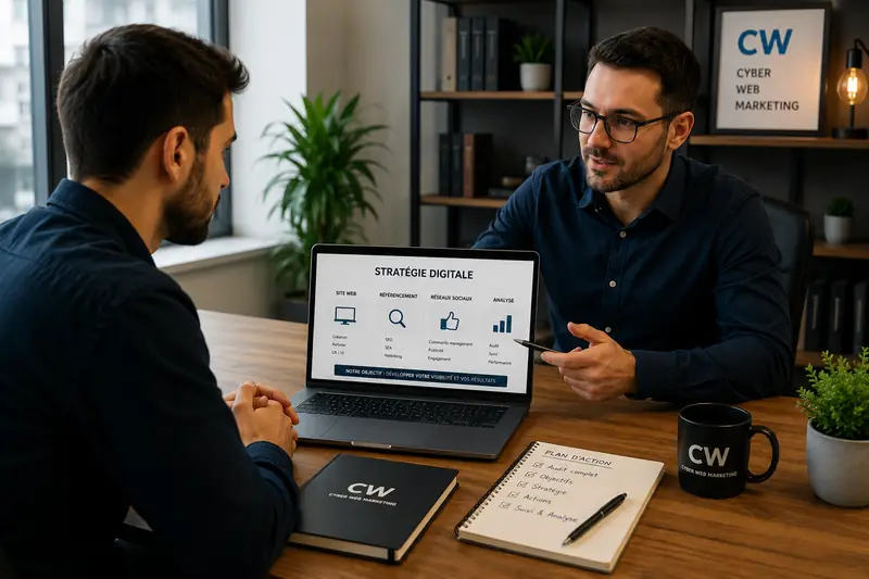 Rendez-vous de conseil pour définir la stratégie digitale d'une entreprise, plan d'action sur la table