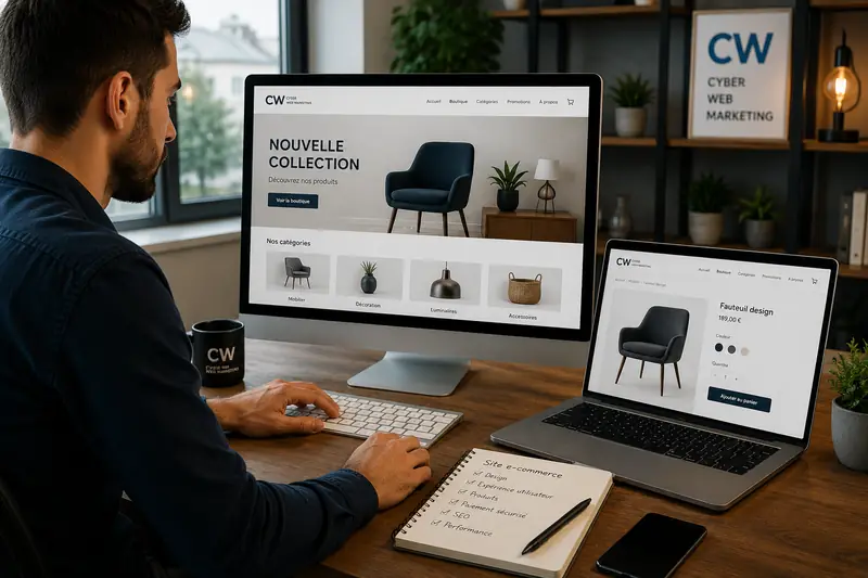 Création d'un site e-commerce : page d'accueil et fiche produit affichées sur ordinateur