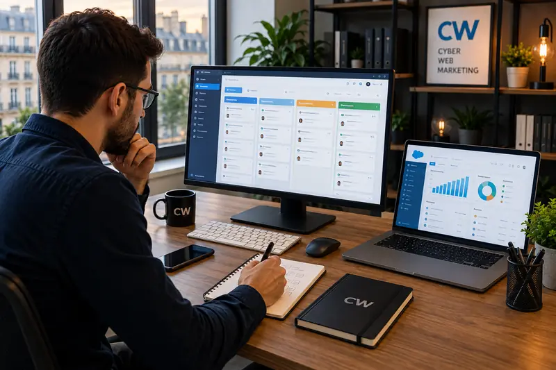 Tableau de bord d'un CRM avec pipeline de ventes en colonnes, prise de notes à côté du clavier