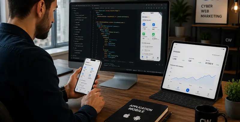 Développement d'application mobile : test d'une app sur smartphone et tablette, code source à l'écran