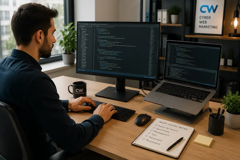 Développement d'un logiciel métier sur mesure : code source affiché sur deux écrans