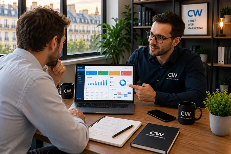 Présentation à un dirigeant de PME d'un tableau de bord de gestion ERP sur ordinateur portable