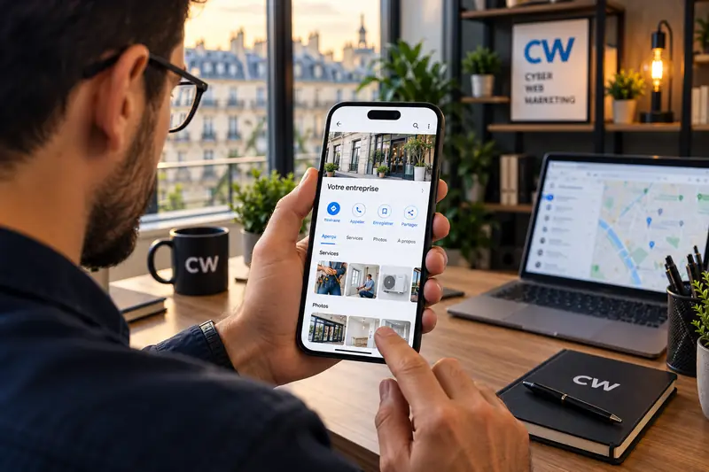 Fiche Google Business Profile consultée sur smartphone : services, photos et informations de l'établissement