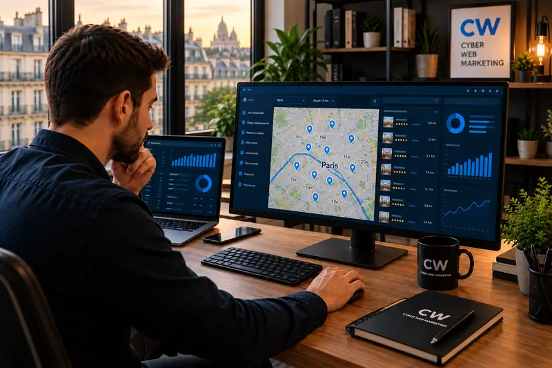 Carte de Paris avec plusieurs repères d'entreprises locales sur un écran, toits de Paris en arrière-plan
