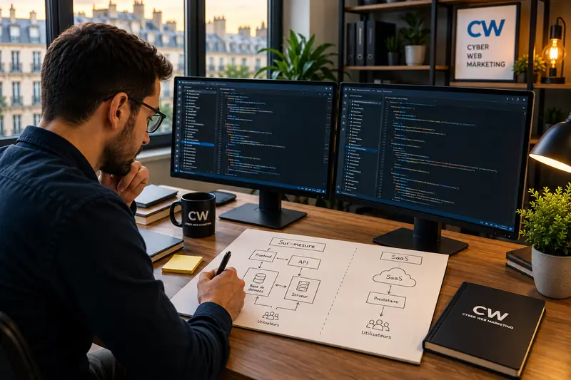 Schéma d'architecture comparant un logiciel sur mesure et un SaaS, dessiné à la main devant deux écrans de code