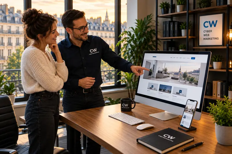Mise en ligne d'un site vitrine : le site terminé présenté à une cliente, sur grand écran et sur smartphone