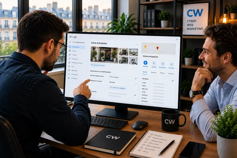 Optimisation d'une fiche Google Business Profile avec un client : catégorie, photos et horaires sur écran
