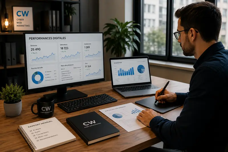 Tableau de bord des performances digitales : sessions, sources de trafic et conversions