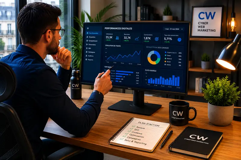 Analyse des performances d'un site web sur un tableau de bord : trafic, canaux et clics Google